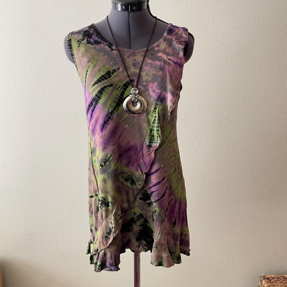 Y2K purple green tie dye tunic dress ruffle whimsigoth fairycore XS-M